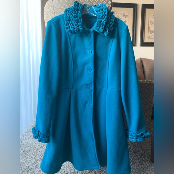 Retro Threads Vintage Style Ruffled Buttoned Down Coat Emerald Blue Size M - Picture 3 of 16